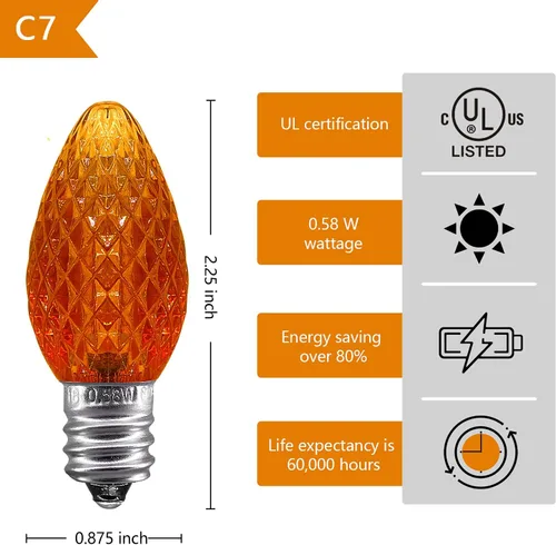 Vista 4 de Caja de 25 bombillas LED C7 de repuesto con certificación UL, 2 LED SMD en cada bombilla C7 regulable para tira de luces al aire libre, totalmente