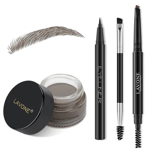 Vista 17 de LAVONE Kit de lápiz de sello para cejas, kit de maquillaje triple con lápiz de ceja impermeable, delineador, pomada de cejas y cepillo de cejas