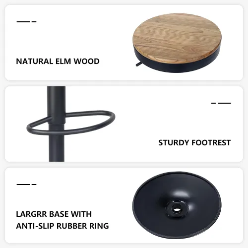 Vista 6 de Kidol & Shellder Juego de 2 taburetes de bar negros ajustables giratorios sin espalda, modernos y redondos de madera, sillas de barra de altura sin