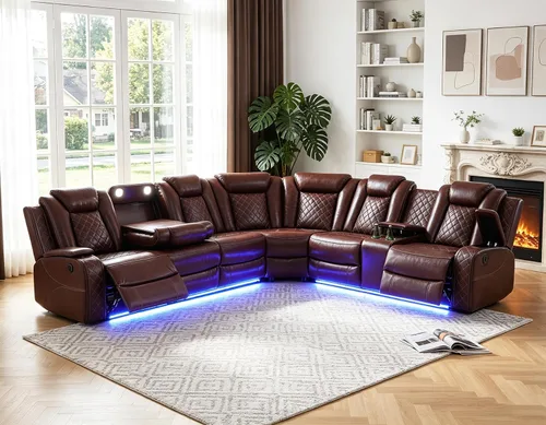 Vista 39 de Juego de sofá modular reclinable eléctrico para sala de estar, juego de sofá reclinable de cuero con luces LED / almacenamiento oculto, sofá