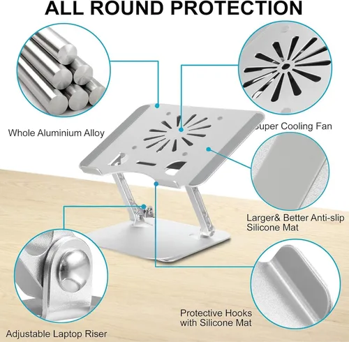 Vista 3 de Soporte ajustable para laptop con ventilador de refrigeración, soporte de computadora multiángulo de aleación de aluminio para escritorio, soporte