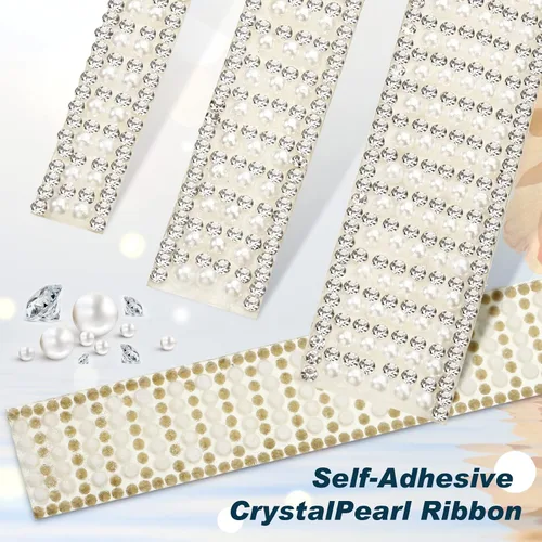 Vista 2 de Outus 3 rollos de calcomanías de perlas, cinta autoadhesiva con diamantes de imitación, tiras de cinta de cristal, para manualidades, boda