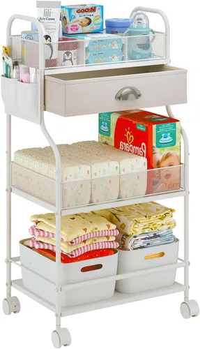 Vista 10 de Carrito organizador de pañales de 3 niveles para bebé, carritos de almacenamiento móviles con ruedas, con 2 divisores y 14 bolsillos de malla