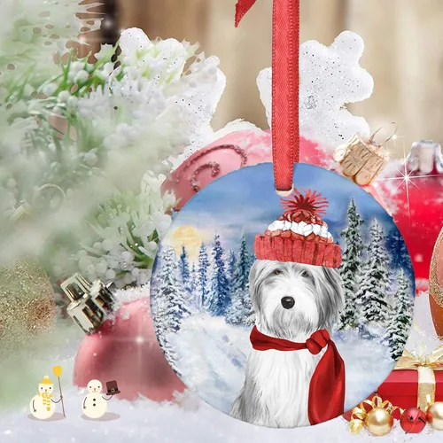 Vista 7 de Adorno de Navidad 2021 Perro Coton De Tulear Santa Porcelana Adorno de Navidad Coton De Tulear Cachorro Mascota Adornos de Árbol de Navidad Redondo