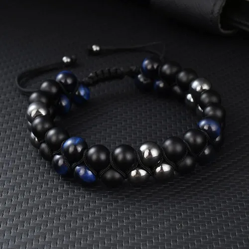 Vista 2 de Blue Tiger Eye Hematite matte Agate Bracelet - Bold and Elegant Fashion Accessory