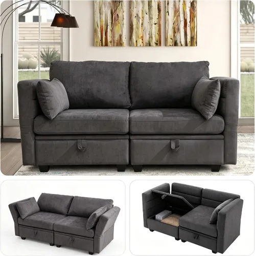 Vista 18 de Sofá con Otomano en Forma de L Pequeño con Asientos Almacenables de 57" Sofá Seccional Modular con Brazos y Respaldo Reclinables Sofá Convertible