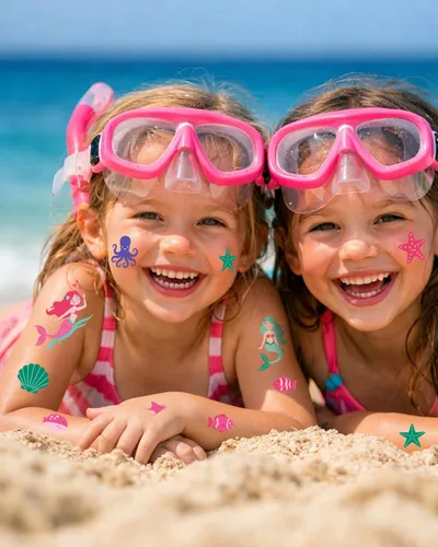 Vista 5 de Tatuajes temporales de sirena para niños, 106 bonitos diseños de océano y sirena, impermeables, no tóxicos y agradables al tacto, fáciles