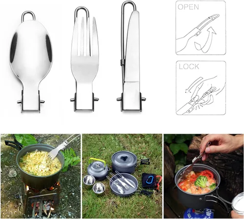 Vista 6 de Odoland Kit de utensilios de cocina para camping, olla ligera con 2 tazas, kit de cuchara de tenedor de acero inoxidable, gris para mochileros