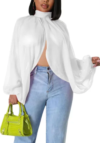 Vista 17 de Tops Sexys para Mujer Fiesta Club Noche con Mangas de Murciélago de Gasa Transparente con Lazo Trasero en la Parte Frontal Camisas de Mujer Casuales