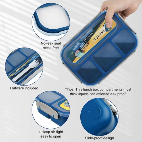 Vista 3 de MaMix Lonchera Bento para adultos, lonchera para niños, contenedores de almuerzo para adultos, niños, estudiantes, 44.0 fl oz, 4 compartimentos Azul
