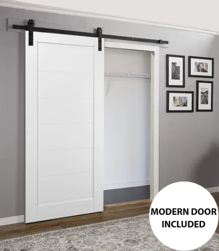 Vista 2 de SARTODOORS Quadro 4115 Puerta corredera interior de granero individual, sin vidrio, MDF, 42x96, blanco, estilo moderno Accesorios incluidos