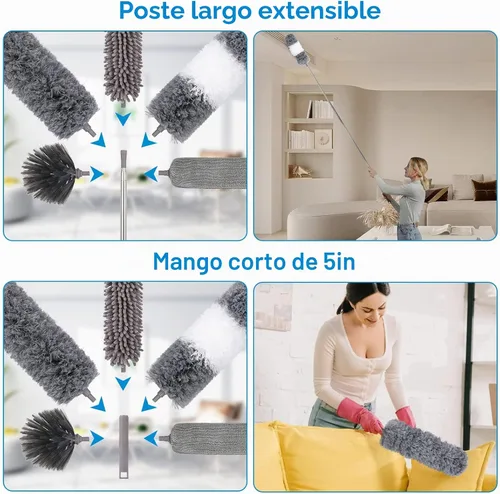 Vista 4 de Plumero extensible de microfibra (11 piezas) con poste de extensión de 100 pulgadas, lavable y reutilizable y flexible para limpiar ventilador