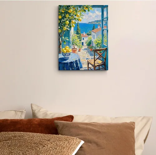 Vista 3 de Arte de pared de la costa de Italia, pintura de acuarela de paisaje natural, lienzo enmarcado decoración moderna del hogar, impresiones de limón