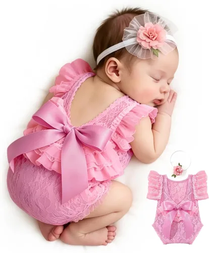 Vista 8 de ForBaysy Accesorios de Fotografía para Recién Nacidos Conjunto de Niña Mameluco de Encaje a Juego con Linda Diadema de Flores Vestido para Recién