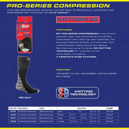 Vista 3 de Elite Hockey, notorious Pro-Series Calcetines de compresión para pantorrilla (un par)