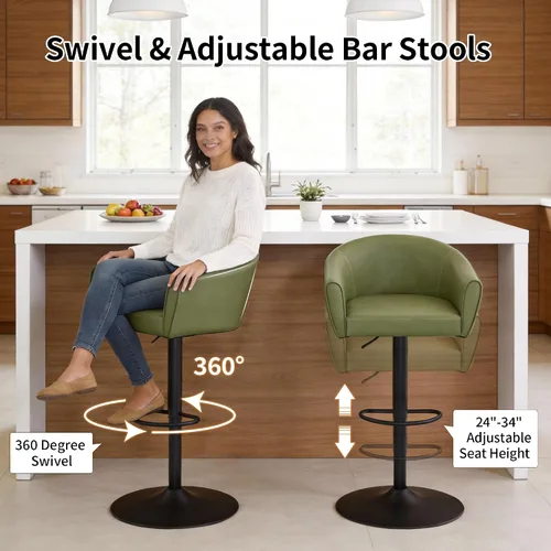 Vista 5 de FIRAVOE Juego de 2 taburetes de bar, taburetes de bar giratorios con respaldo y brazos, silla de bar ajustable de piel sintética de 24 a 34