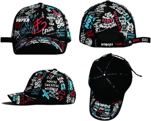 Vista 2 de Flipper Gorra de béisbol de algodón con diseño de graffiti Doodle para hombres y mujeres, sombrero Kpop con ala curva, ajustable