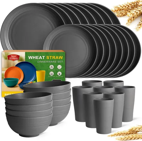 Vista 27 de Teivio Juego de vajilla de plástico de paja de trigo de 32 piezas para cocina, servicio para 8, platos, cuencos y tazas irrompibles, vajilla