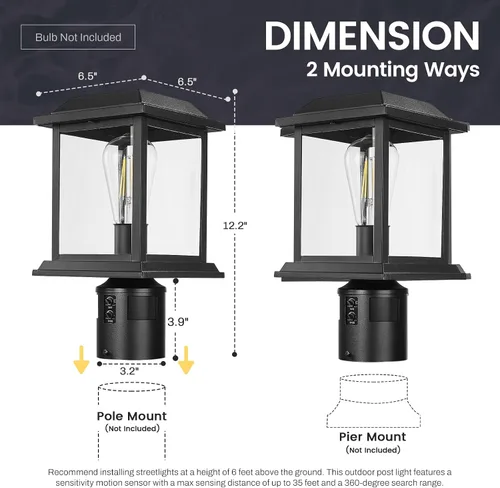 Vista 6 de zeyu Luz de poste con sensor exterior, lámpara de poste de lámpara para exteriores de 12.2 pulgadas, detección de 360°, 4 modos, aluminio fundido a