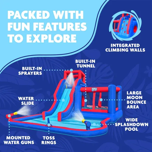 Vista 2 de Sunny & Fun Parque acuático inflable 2 en 1 Bounce & Blast - Resistente para diversión al aire libre - Pared de escalada, tobogán, gorila, túnel