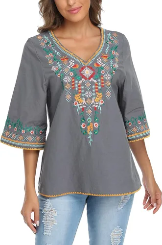 Vista 4 de YZXDORWJ Blusa campesina mexicana bordada con cuello en V para mujer