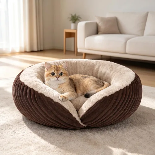 Vista 15 de Tovve Cama para gatos en interiores, sofá cama redonda lavable para gatitos Crema