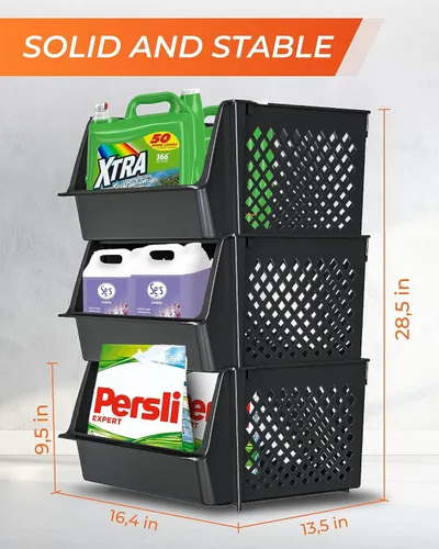 Vista 3 de Skywin TidyFriend - Recipientes apilables de plástico grandes para despensa, paquete de 3 contenedores apilables para organizar artículos esenciales