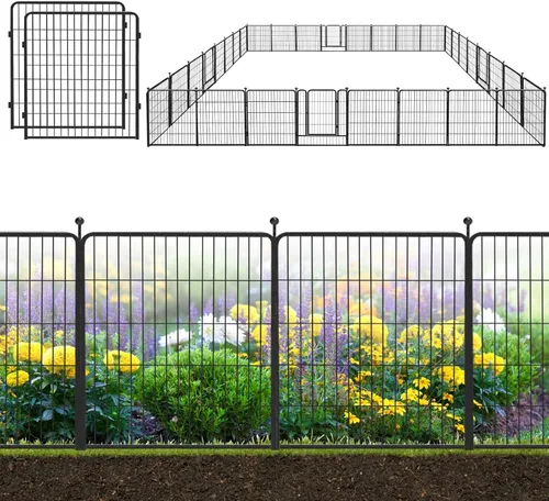 Vista 27 de Valla decorativa de metal negro para jardín con puerta, 4.5 pies de largo x 32 pulgadas de alto, 2 paneles de valla sin excavación, valla de barrera