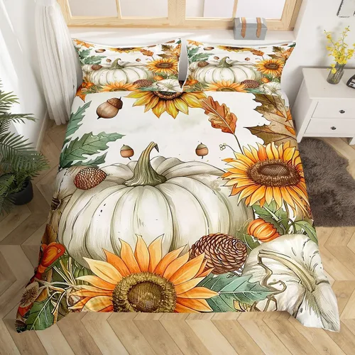 Vista 32 de Erosebridal Juego de funda de edredón individual de pavo de Acción de Gracias, juego de ropa de cama de calabaza y hojas de otoño para niños