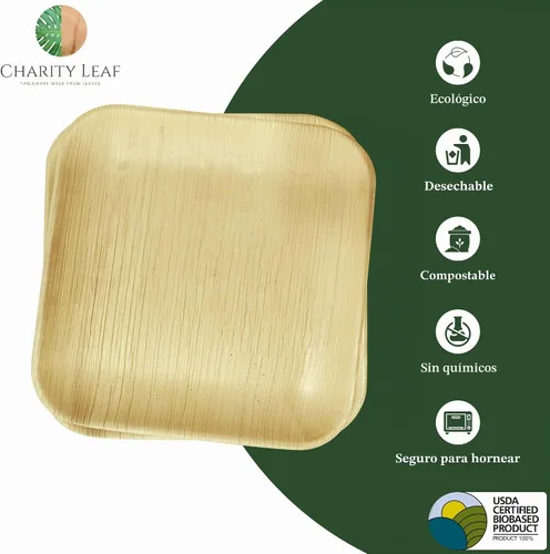 Vista 2 de Platos cuadrados desechables de hoja de palma Charity Leaf de 9" (22.86 cm) (50 piezas) Platos de servir tipo bambú, tablas desechables, vajilla