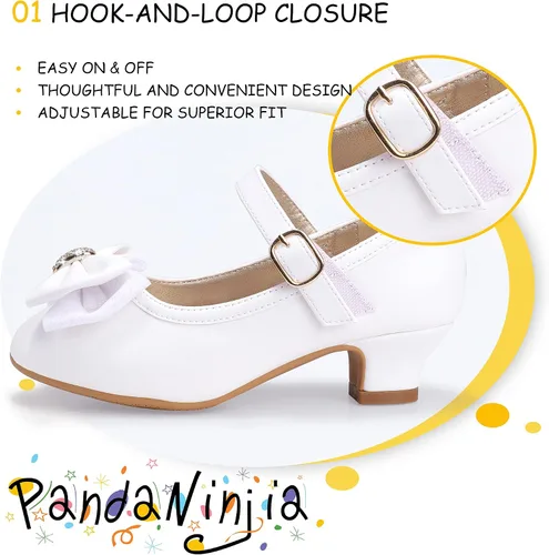 Vista 5 de PANDANINJIA Vestido de jada para niñas y niños pequeños, zapatos de princesa Mary Jane con tacones con lazo para fiesta, boda, boda