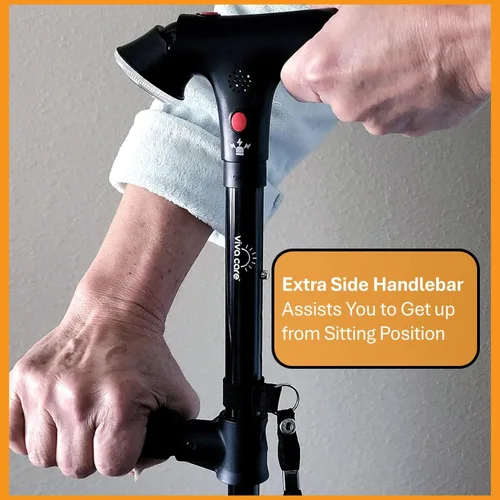 Vista 4 de Bastón de caminar con luz y alarma, plegable, ajustable, ligero, para equilibrio y estabilidad para adultos, personas mayores y lesionados. [Negro]