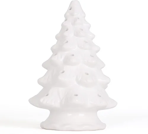 Vista 2 de Árbol de Navidad de cerámica vintage en blanco, árbol en miniatura iluminado (grande, blanco perla)