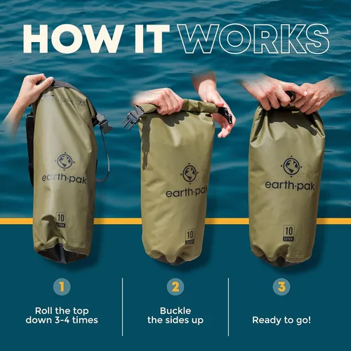 Vista 3 de Earth Pak Bolsa seca impermeable - Mochila impermeable con parte superior enrollable (camuflaje 40L y azul 40L)
