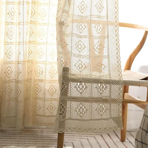 Vista 4 de Cortinas rústicas de ganchillo para sala de estar, paneles de cortina de encaje de punto hueco para dormitorio, bolsillo para barra, cortinas