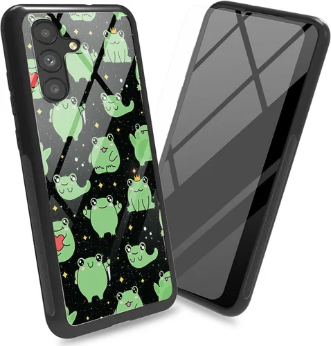 Vista 14 de Funda para Samsung Galaxy A13 5G con protector de pantalla, cubierta trasera de vidrio templado, diseño de flores de gato negro, marco de Flores