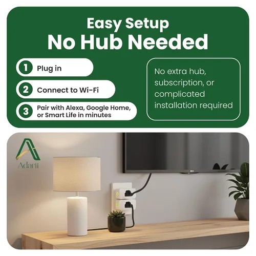 Vista 6 de Adarii Enchufe inteligente Google Home, compatible con Alexa, enchufe WiFi de 15 A, 2.4 GHz, enchufe Smart Life, control de voz, enchufe inteligente