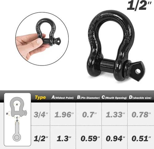 Vista 5 de Grilletes de anillo D, grillete de horquilla de 1/2" con tornillo de 9/16", 26,400 libras de resistencia a la rotura, grillete robusto