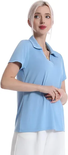 Vista 3 de Camisas polo con cuello en V para mujer, manga corta, cuello de golf Negro/Azul/Vino Rojo