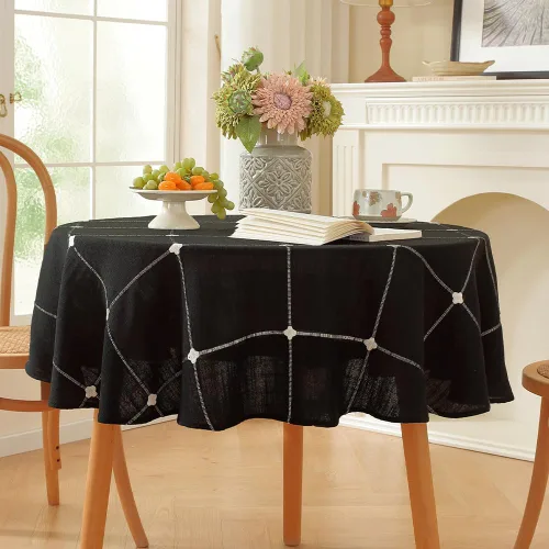 Vista 2 de Zobesta Mantel redondo blanco y negro de 53 pulgadas a cuadros Plaid Black