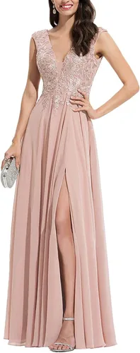 Vista 3 de Ubride Vestido largo formal de noche para mujer, con abertura y encaje, de gasa, con escote en V, Classic, 4