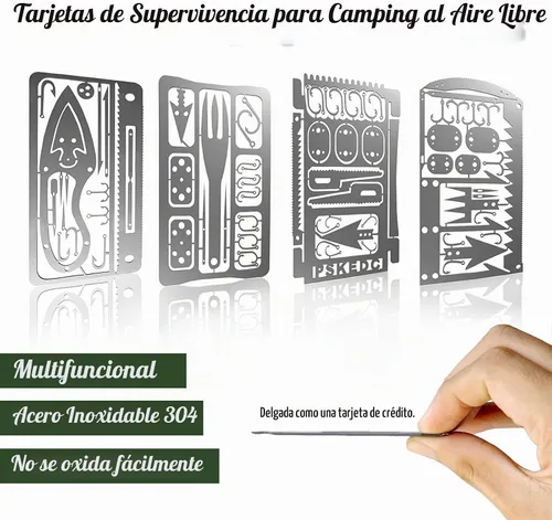 Vista 2 de Hukado Kit de 9 tarjetas de supervivencia multiherramienta para acampar con equipo de línea de pesca, cartera de tarjetas de crédito multiusos
