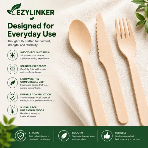 Vista 4 de Juego de cubiertos compostables de edición especial (150 piezas) – Juego de cubiertos de madera desechables – Alternativa al plástico, ecológico