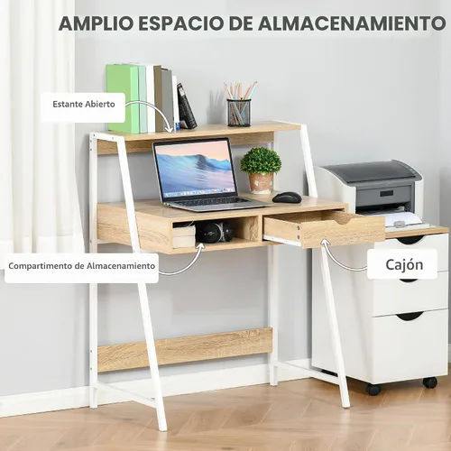 Vista 4 de HOMCOM Escritorio de oficina en casa con marco para espacios pequeños Escritorio para computadora, mesa de escritura, con cajón, estantes de Natural