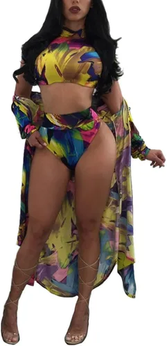 Vista 3 de Viottiset - Traje de baño de 3 piezas con estampado, bikini de cintura alta y pareo de playa para mujer