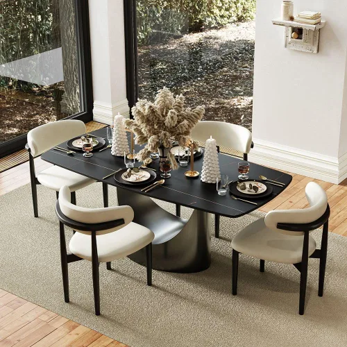 Vista 13 de POVISON Juego de mesa de comedor para 4, mesa rectangular negra de piedra sinterizada mate de 63 pulgadas con base de acero al carbono bronce, silla