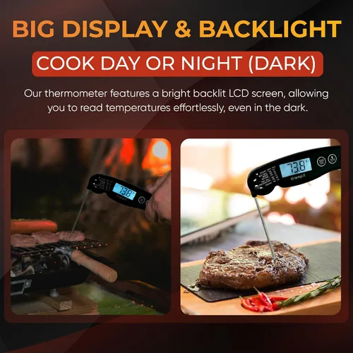 Vista 5 de Termómetro para carne Ultrarápido e impermeable Retroiluminación brillante y sonda de grado alimenticio Apagado automático Incluye tabla