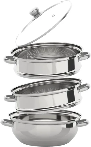Vista 5 de Vaporizador de 3 niveles de acero inoxidable para cocinar con tapa de vidrio templado para cocinar alimentos al vapor 28cm/11in