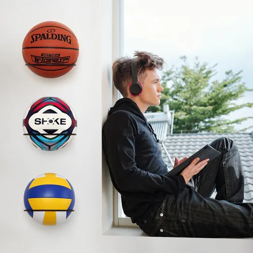 Vista 7 de PUERSI Soporte de Pelota para Montaje en Pared Soporte de Exhibición y Almacenamiento para Baloncesto Fútbol Americano Fútbol Soccer Voleibol