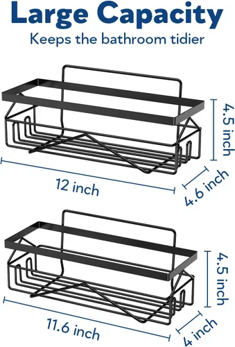 Vista 5 de Organizador de estante adhesivo de acero inoxidable para ducha, almacenamiento de baño apto para inquilinos (negro mate, 2 piezas)